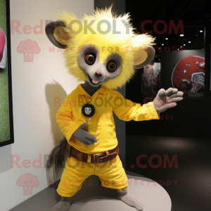 Yellow Aye-Aye mascot costume character dressed with a T-Shirt and Belts