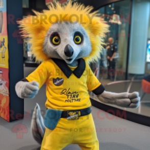 Yellow Aye-Aye mascot costume character dressed with a T-Shirt and Belts