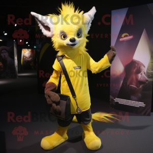 Yellow Aye-Aye mascot costume character dressed with a T-Shirt and Belts