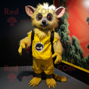 Yellow Aye-Aye mascot costume character dressed with a T-Shirt and Belts