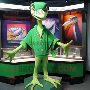 Forest Green Pterodactyl mascot costume character dressed with a Cover-up and Bracelets