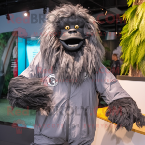 Gray Sasquatch mascot costume character dressed with a Raincoat and Headbands