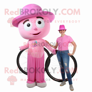 Pink Unicyclist mascot costume character dressed with a Mom Jeans and Hats