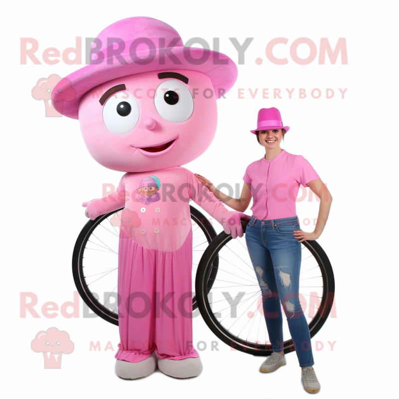 Pink Unicyclist mascot costume character dressed with a Mom Jeans and Hats Pink Unicyclist mascot costume character dressed with a Mom Jeans and Hats