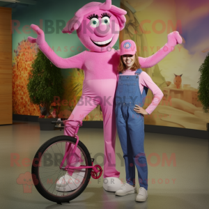 Pink Unicyclist mascot costume character dressed with a Mom Jeans and Hats