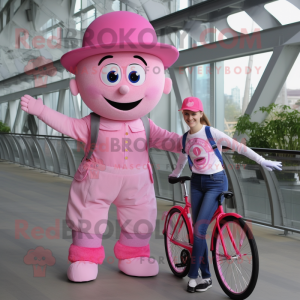 Pink Unicyclist mascot costume character dressed with a Mom Jeans and Hats