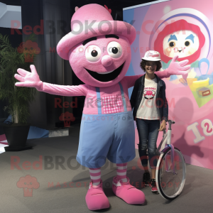 Pink Unicyclist mascot costume character dressed with a Mom Jeans and Hats