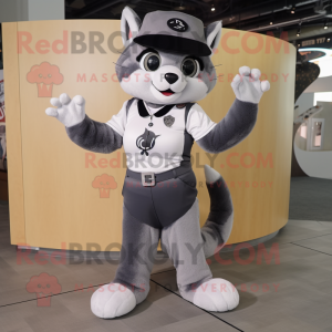 Gray Bobcat mascot costume character dressed with a Circle Skirt and Berets