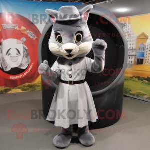 Gray Bobcat mascot costume character dressed with a Circle Skirt and Berets