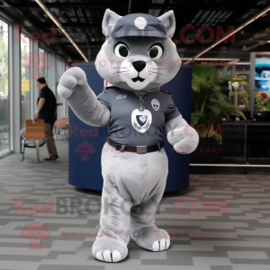 Gray Bobcat mascot costume character dressed with a Circle Skirt and Berets