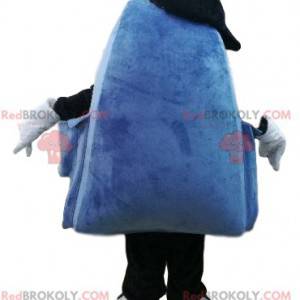 Mascote mochila azul e roxo com um grande sorriso -