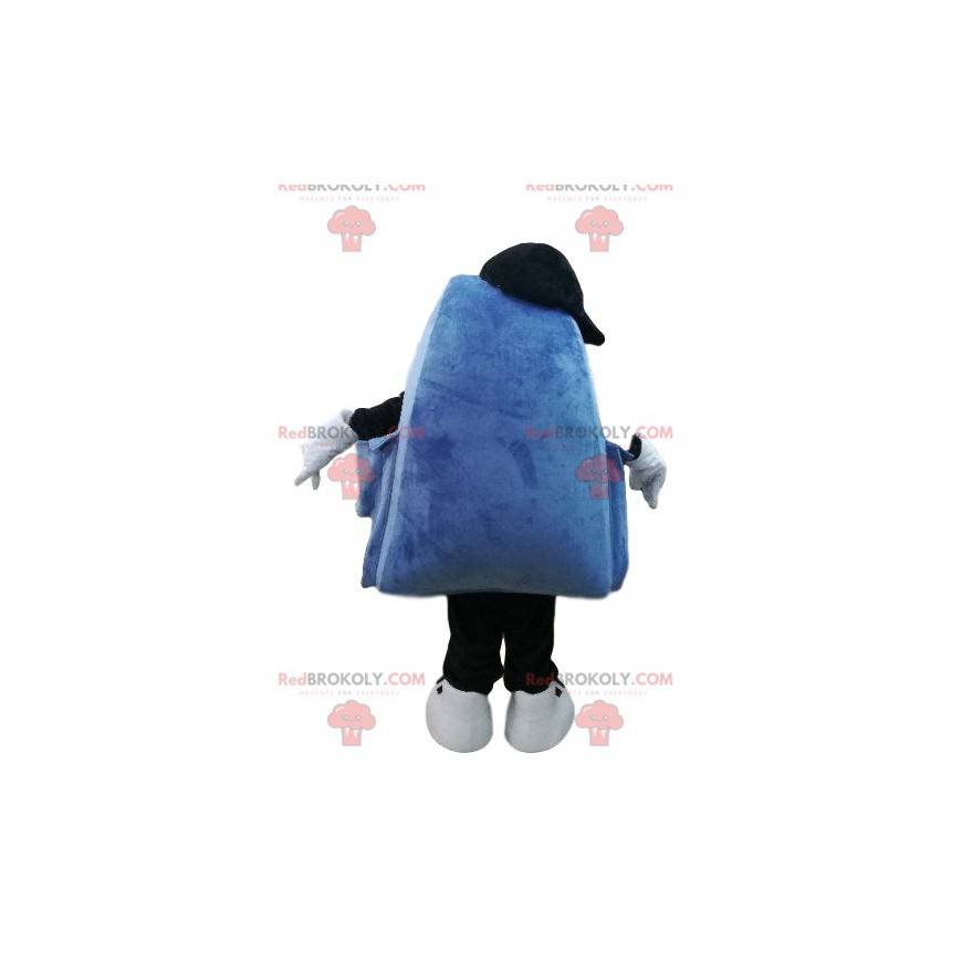 Mascote mochila azul e roxo com um grande sorriso -