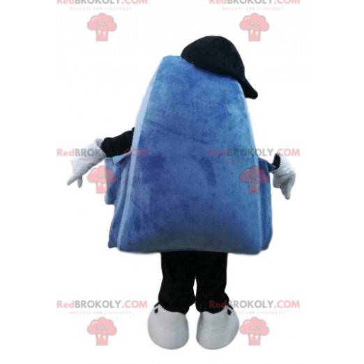 Mascote mochila azul e roxo com um grande sorriso -