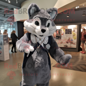 Gray Bobcat mascot costume character dressed with a Circle Skirt and Berets