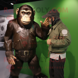 Olive Chimpanzee mascot costume character dressed with a Leather Jacket and Watches