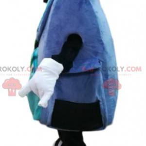 Mascote mochila azul e roxo com um grande sorriso -