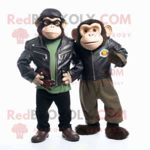 Olive Chimpanzee mascot costume character dressed with a Leather Jacket and Watches