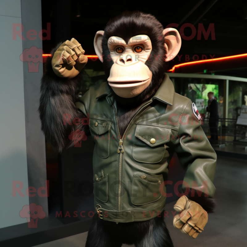 Olive Chimpanzee mascot costume character dressed with a Leather Jacket and Watches