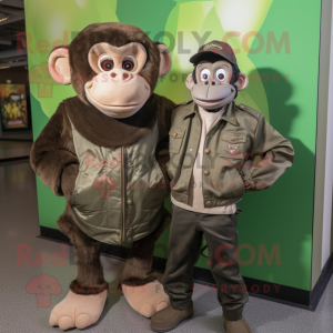 Olive Chimpanzee mascot costume character dressed with a Leather Jacket and Watches