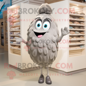 Gray Oyster mascot costume character dressed with a Shift Dress and Hair clips