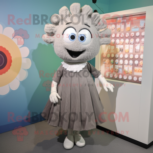 Gray Oyster mascot costume character dressed with a Shift Dress and Hair clips