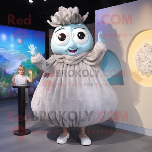 Gray Oyster mascot costume character dressed with a Shift Dress and Hair clips