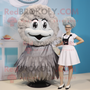 Gray Oyster mascot costume character dressed with a Shift Dress and Hair clips