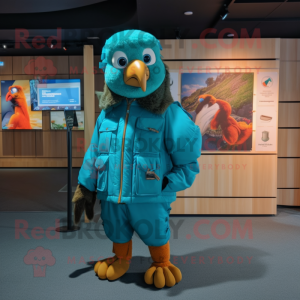 Turquoise Macaw mascot costume character dressed with a Parka and Hat pins