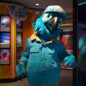 Turquoise Macaw mascot costume character dressed with a Parka and Hat pins