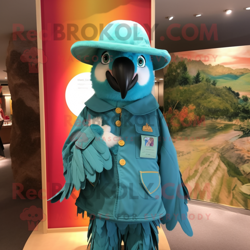 Turquoise Macaw mascot costume character dressed with a Parka and Hat pins