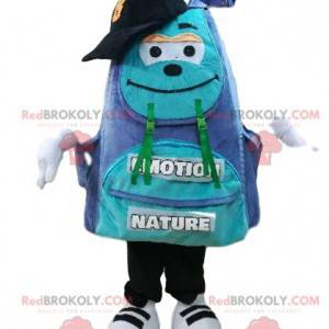 Mascote mochila azul e roxo com um grande sorriso -