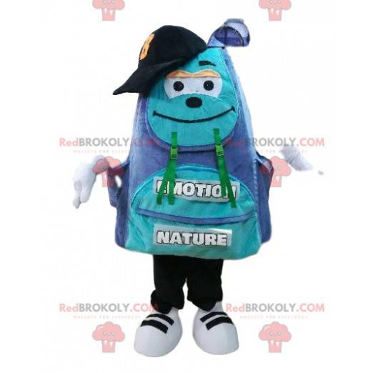 Mascote mochila azul e roxo com um grande sorriso -