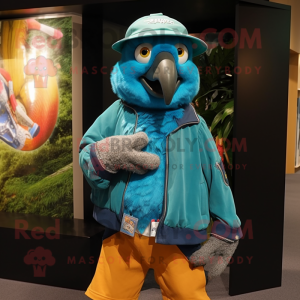 Turquoise Macaw mascot costume character dressed with a Parka and Hat pins