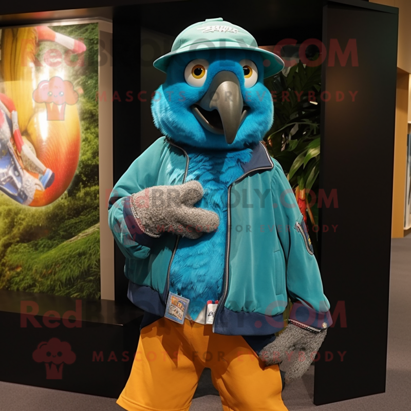 Turquoise Macaw mascot costume character dressed with a Parka and Hat pins Turquoise Macaw mascot costume character dressed with a Parka and Hat pins