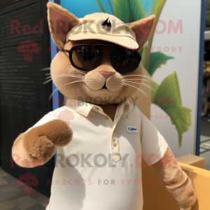 Tan Cat mascot costume character dressed with a Henley Shirt and Sunglasses