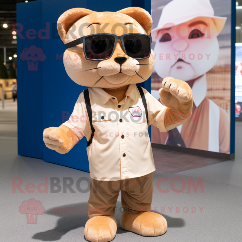 Tan Cat mascot costume character dressed with a Henley Shirt and Sunglasses Tan Cat mascot costume character dressed with a Henley Shirt and Sunglasses