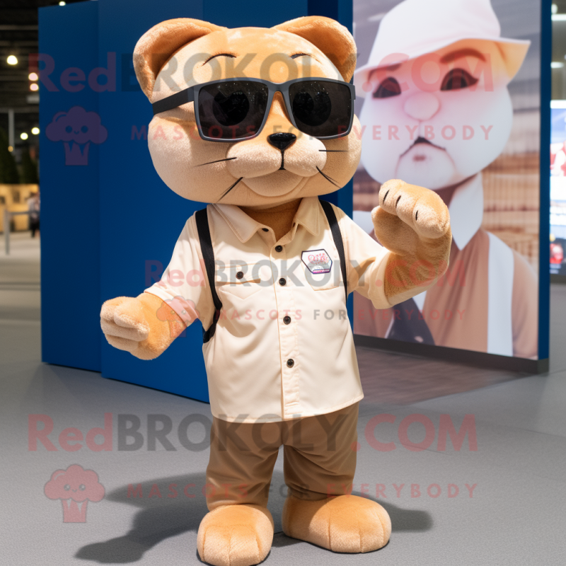 Tan Cat mascot costume character dressed with a Henley Shirt and Sunglasses