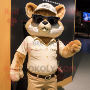 Tan Cat mascot costume character dressed with a Henley Shirt and Sunglasses