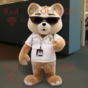 Tan Cat mascot costume character dressed with a Henley Shirt and Sunglasses