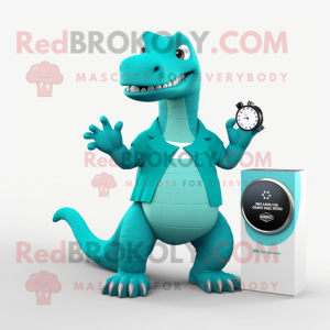 Teal Iguanodon mascot costume character dressed with a A-Line Dress and Smartwatches