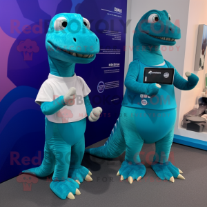 Teal Iguanodon mascot costume character dressed with a A-Line Dress and Smartwatches