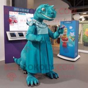 Teal Iguanodon mascot costume character dressed with a A-Line Dress and Smartwatches