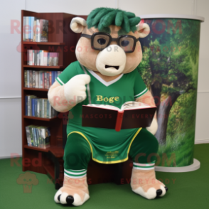 Forest Green Beef Wellington mascot costume character dressed with a Shorts and Reading glasses