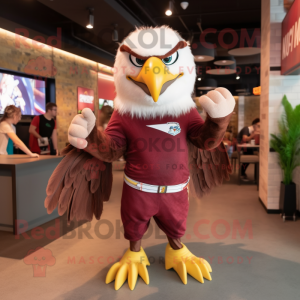 Maroon Bald Eagle mascot costume character dressed with a Rugby Shirt and Hair clips