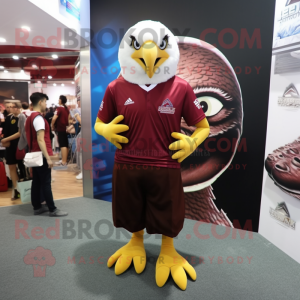 Maroon Bald Eagle mascot costume character dressed with a Rugby Shirt and Hair clips