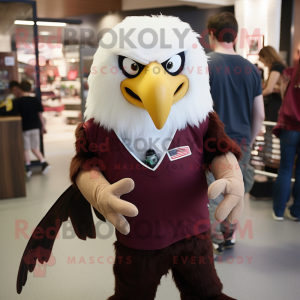 Maroon Bald Eagle mascot costume character dressed with a Rugby Shirt and Hair clips