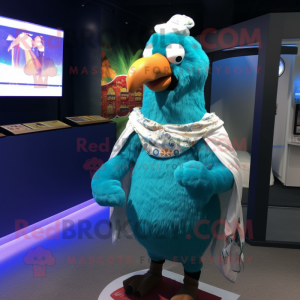 Cyan Tandoori Chicken mascot costume character dressed with a Polo Tee and Shawls