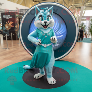 Teal Lynx mascot costume character dressed with a Maxi Skirt and Rings