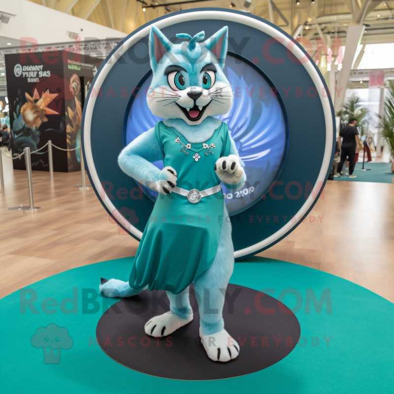 Teal Lynx mascot costume character dressed with a Maxi Skirt and Rings Teal Lynx mascot costume character dressed with a Maxi Skirt and Rings