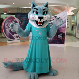 Teal Lynx mascot costume character dressed with a Maxi Skirt and Rings